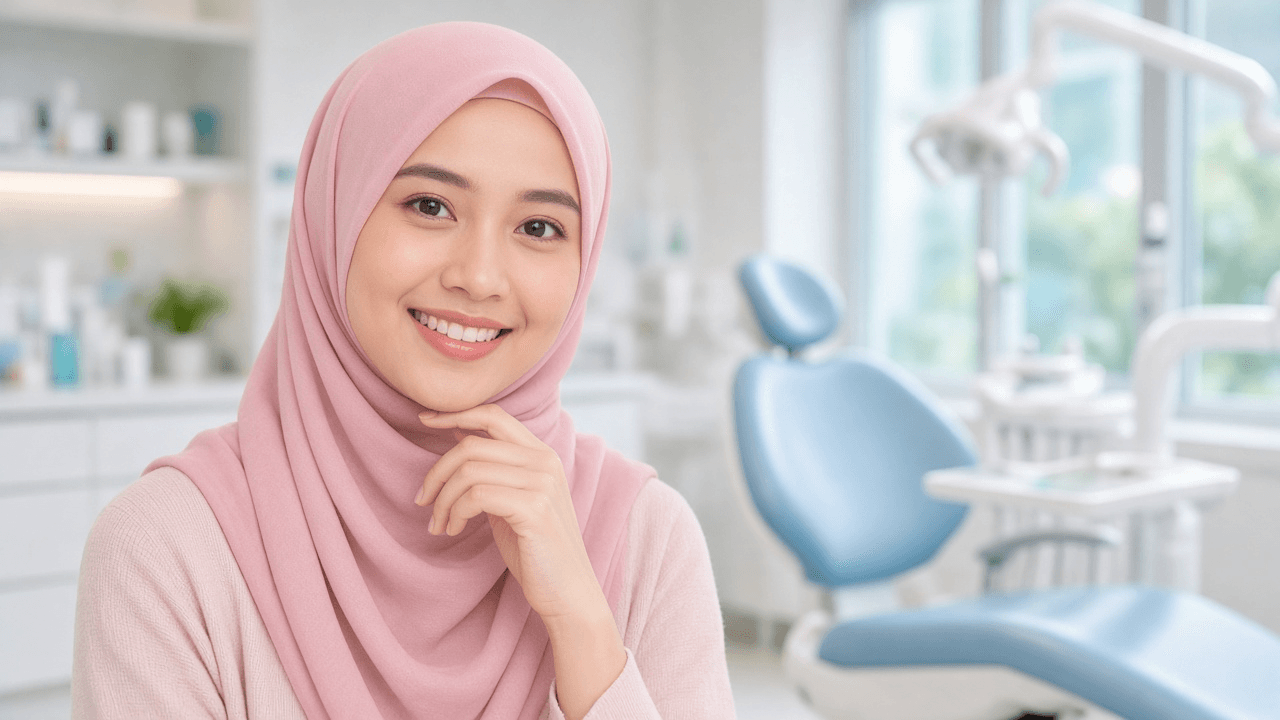 Wanita berhijab merah jambu tersenyum di klinik gigi